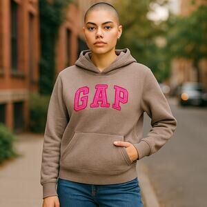 GAP Hoodie Tan & Fuchsia Pink Women's Hooded Sweatshirt Size MEDIUM